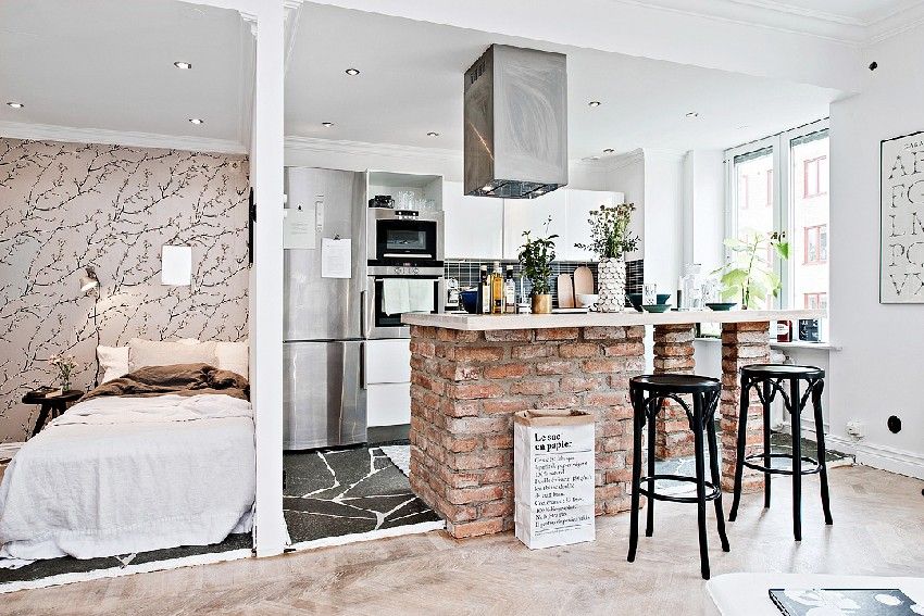 one-room-Scandinavian-apartment-kitchen-and-sleeping-area-wall