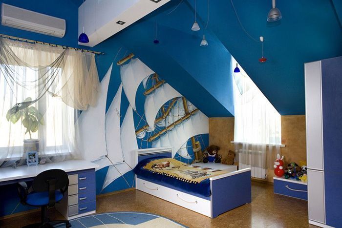 Thiet ke noi that BelDecor vn attic room ideas brave boys bedroom concept sailor ship cartoon mural ideas blue painted concrete gable blue painted concrete slippery ceiling clear glass white wooden windows transparent olive clothe 936x624